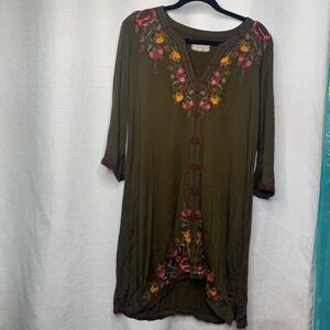 Johnny Was Workshop Embroidered  Tunic Dress Floral Bohemian‎ Olive Green small